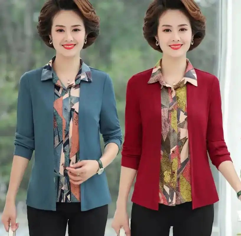 中老年女装春装新款针织假两件套妈妈装打底衫大码