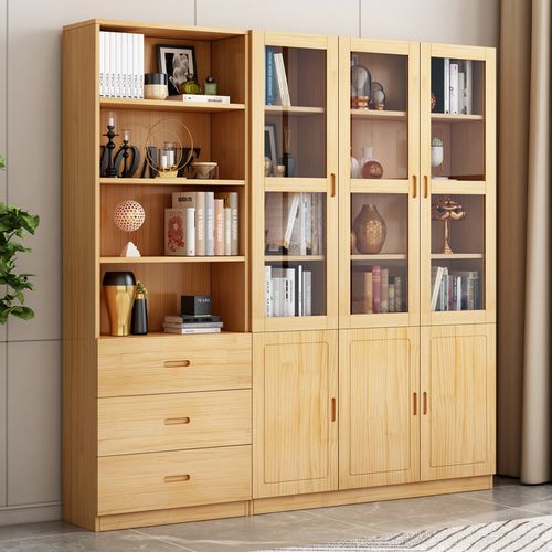 实木书柜一体到顶落地书架置物架玻璃门储物柜家用组合书柜