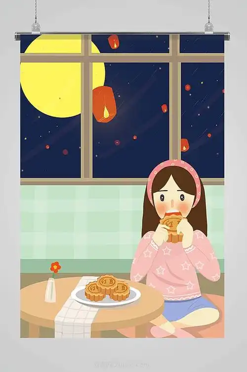 卡通女孩吃月饼中秋插画
