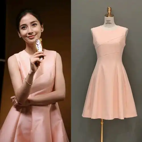 2019新款baby杨颖明星同款韩版女气质显瘦学生粉色连衣裙伴娘夏装