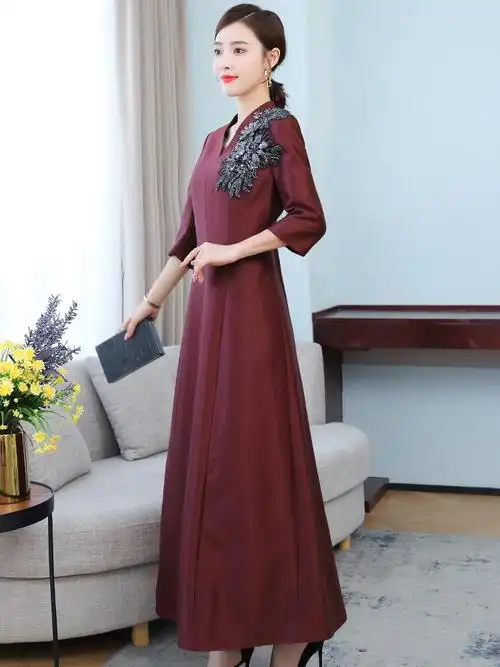 改良旗袍连衣裙女2020秋冬婚礼妈妈装高贵气质喜婆婆婚宴礼服裙子