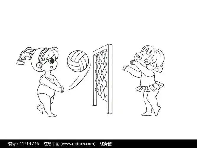 原创手绘人物卡通女孩双人沙滩排球简笔画