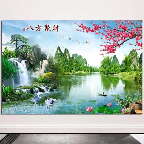 八方聚财山水风景画流水生财电视背景墙纸客厅酒店装饰自粘画 q93 横