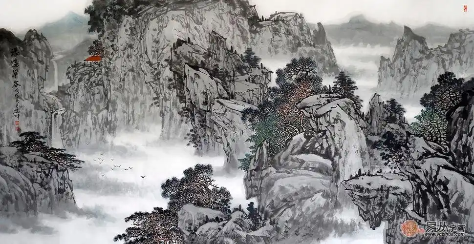 原创国画 林德坤最新力作山水画作品《瀑鸣翠谷》