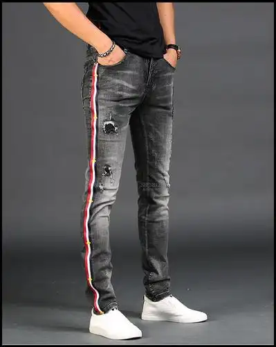 奢诗哲 国际轻奢侈品牌高端秋冬男士刺绣破洞牛仔裤男潮牌修身小脚