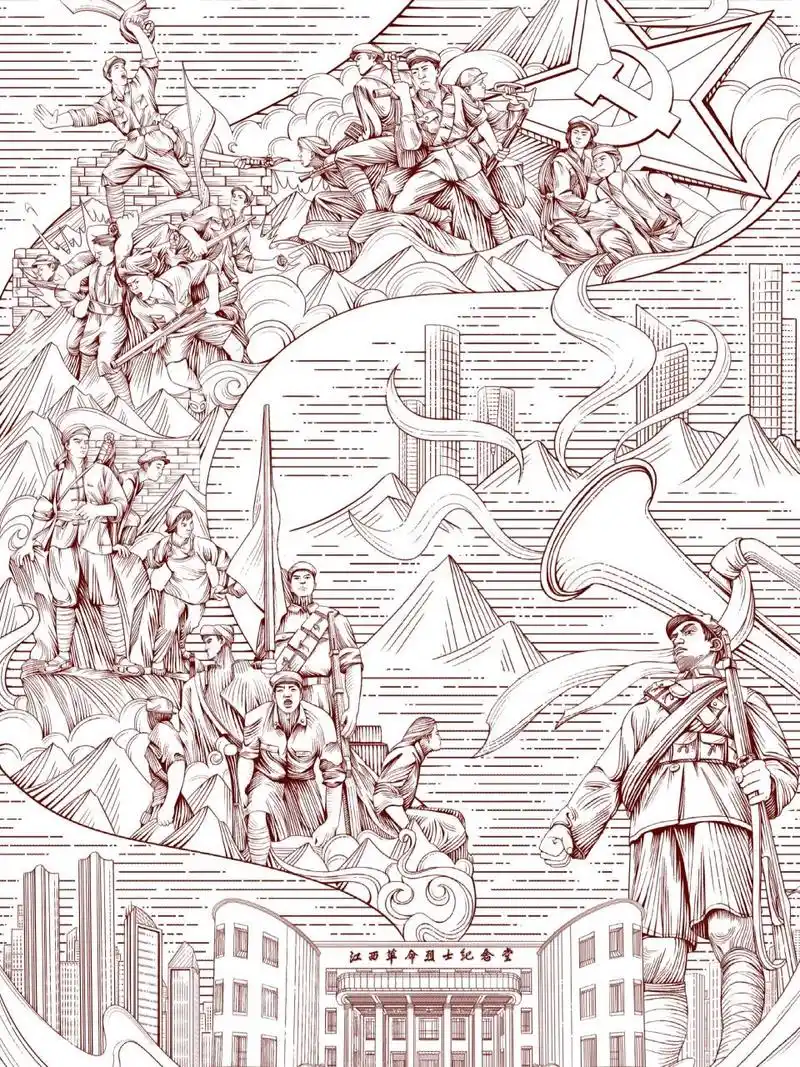 插画——赤诚信仰  纪念堂上空永远飘扬着一面红旗 ,是革命先烈不畏