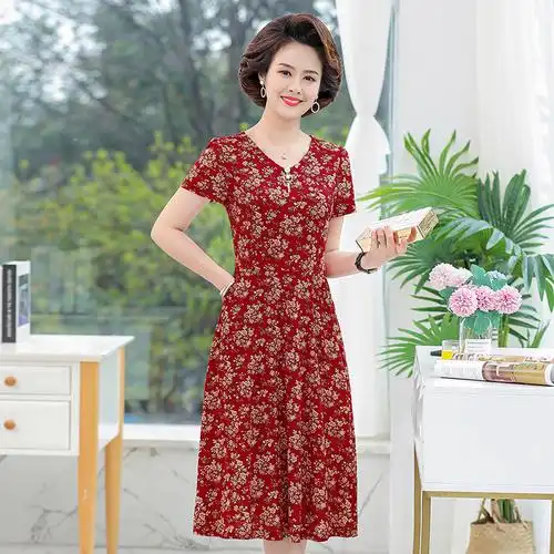 中老年女装夏装短袖连衣裙大码长款中年妈妈洋气中老年女装