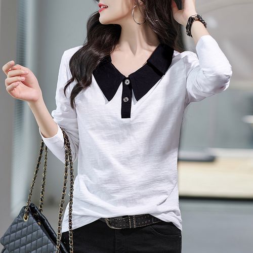 纯棉长袖恤女宽松翻领白色上衣2023年春季新款t恤