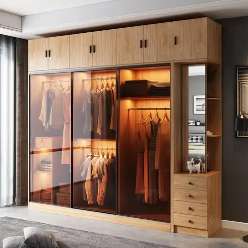 推拉门衣柜家用卧室简约现代小户型柜子轻奢玻璃门整体滑移门衣橱