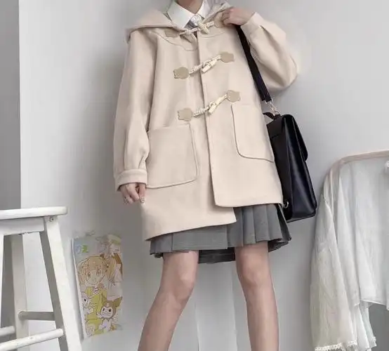 ***连帽秋冬牛角扣中长款宽松毛呢大衣日系学院风百搭jk制服外套 - 17