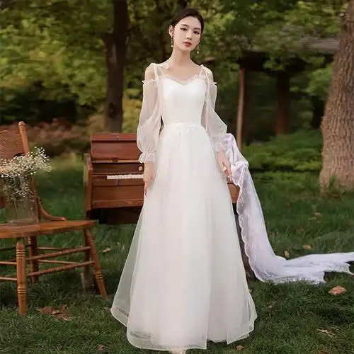 演202168轻婚纱长款2022白色仙气闺裙森领系出门旅拍蜜轻纱证小礼