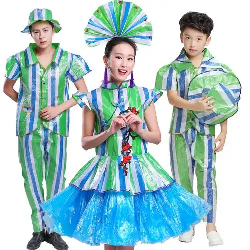 环保成人亲子走秀表演塑料袋手工diy幼儿园时装秀儿童演出服