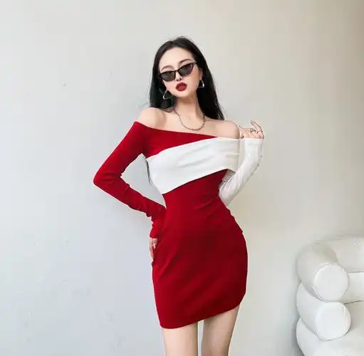 amyway圣诞惊艳限定系列复古撞色红白拼接连衣裙一字肩甜辣包臀裙