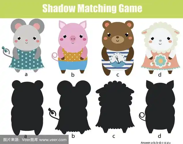 影子配对游戏.孩子们的活动.动物主题