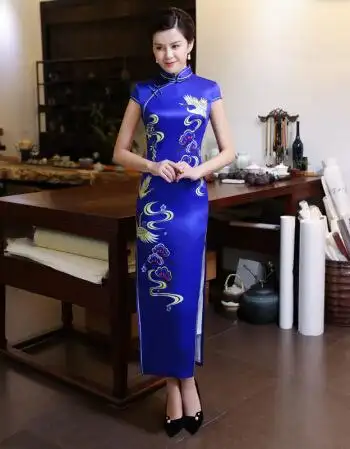 仙鹤旗袍长款2017秋冬新款大码演出复古修身改良演出旗袍 宝蓝色仙鹤