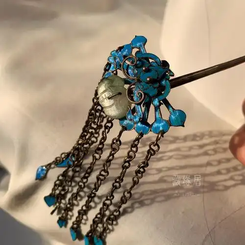 清代点翠步摇盘发簪子古董头饰宫廷汉服配饰复古老银中式新娘嫁妆