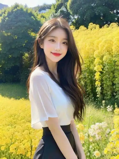 美女油菜花中的白衣仙女清纯与自然的完美融合