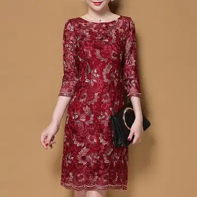 秋季结婚庆婚礼妈妈装礼服婆婆婚宴服高贵大码中年女装绣花连衣裙