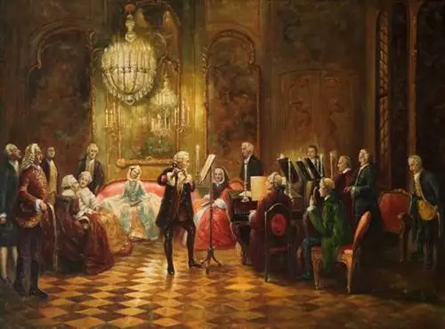 展开全部 这是欧洲名画《腓特烈大帝在无忧宫演奏长笛》