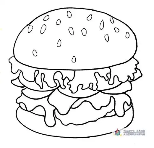 1.用记号笔画出汉堡的造型,注意食物之间的遮挡关系.2.