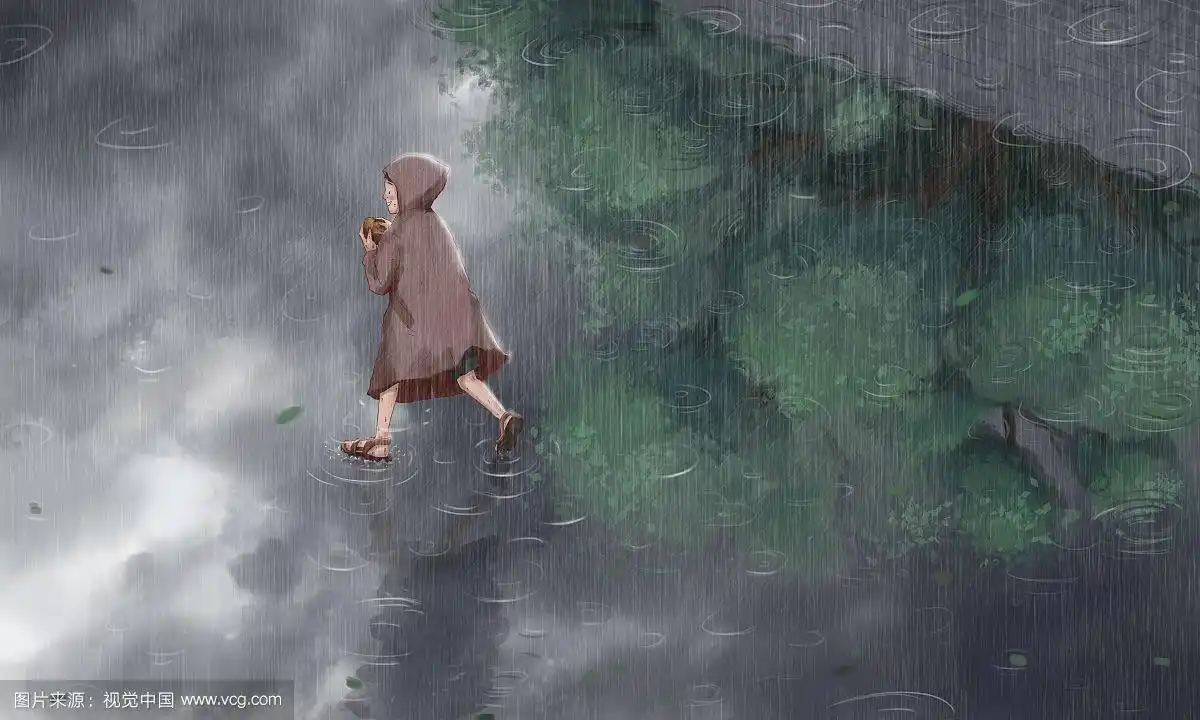 在雨中奔跑的男孩