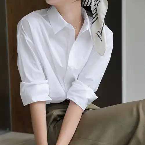 秋季职业白色衬衫女长袖叠穿百搭学生韩版宽松中长款白衬衣女上衣