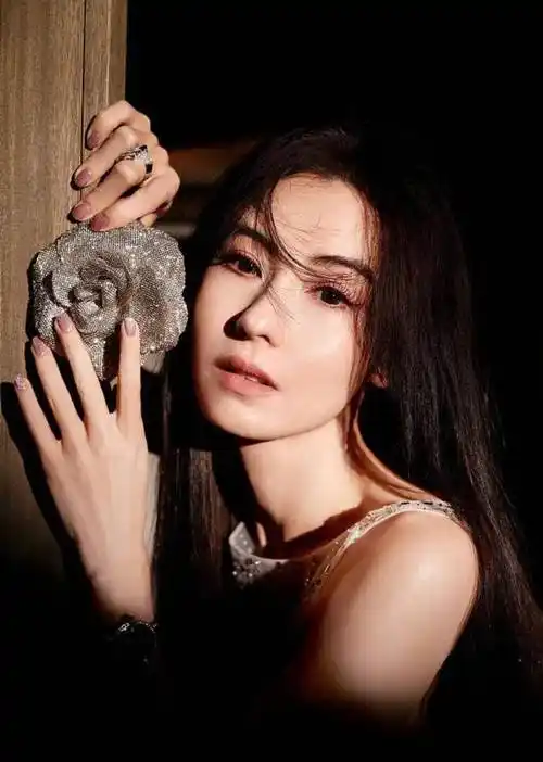 张柏芝晒水钻露背长裙写真,她眼神充满故事感,美腿又细又直.