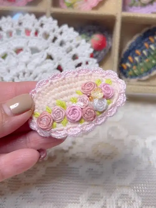 原创刺绣发夹卷线绣玫瑰