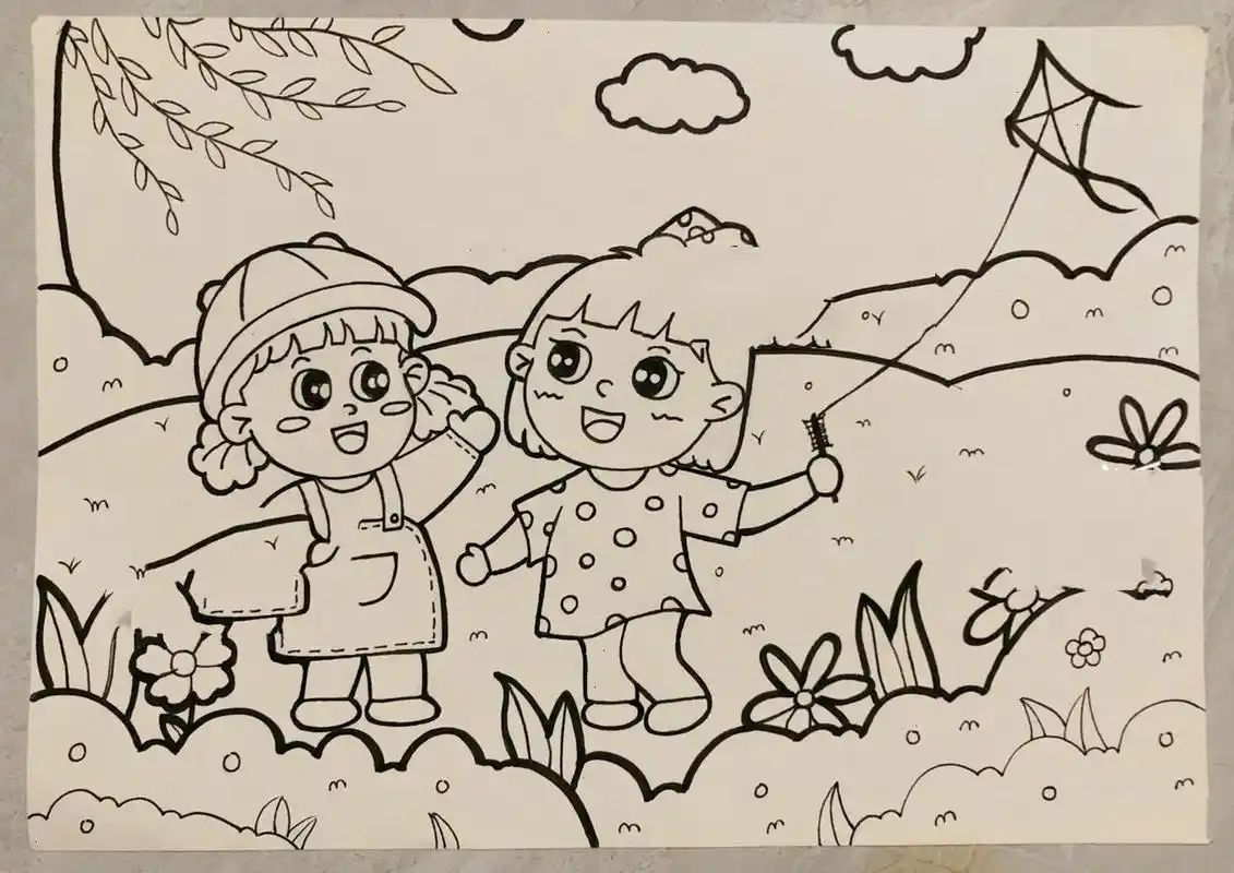 主题简笔画:春天,放风筝09,快乐的一天