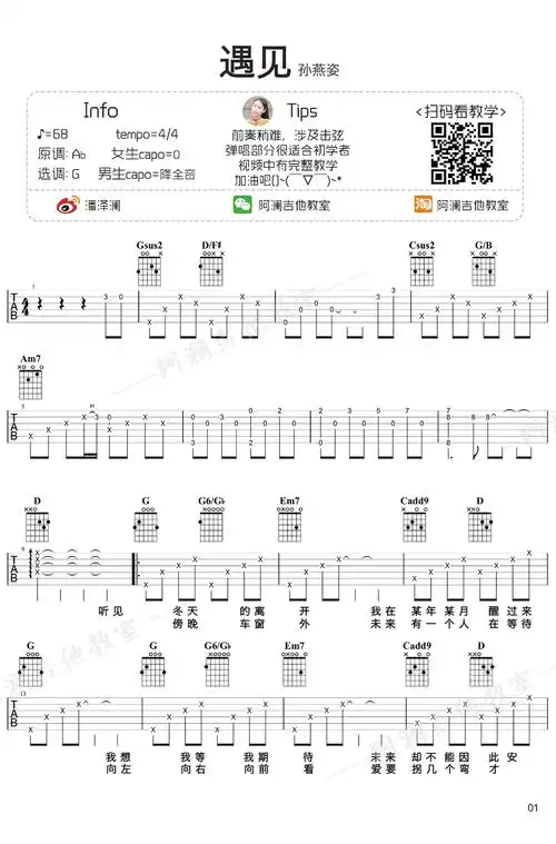 遇见吉他谱 孙燕姿 g调弹唱谱 《遇见》视频教学