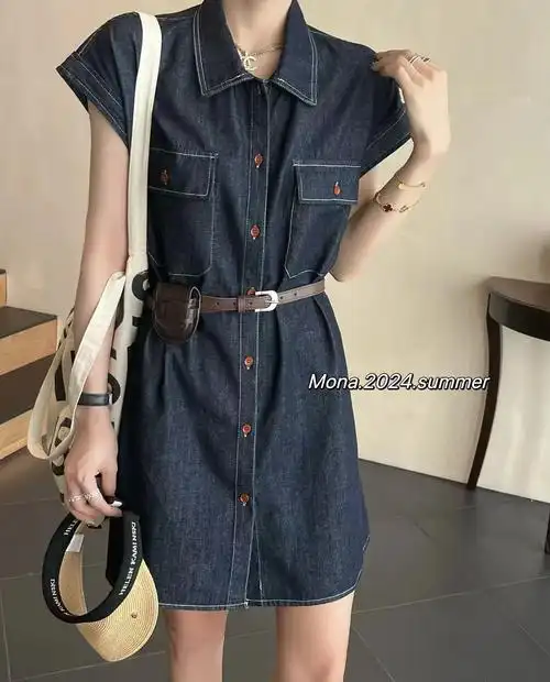 配腰包～牛仔裙mona夏季排扣连衣裙设计感女百搭小个子短裙潮 - 17网