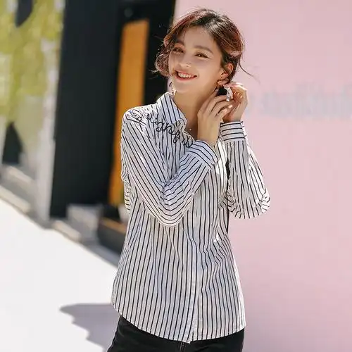 2019秋季新款黑白竖条纹衬衫女长袖韩范宽松学生chic衬衣百搭外套