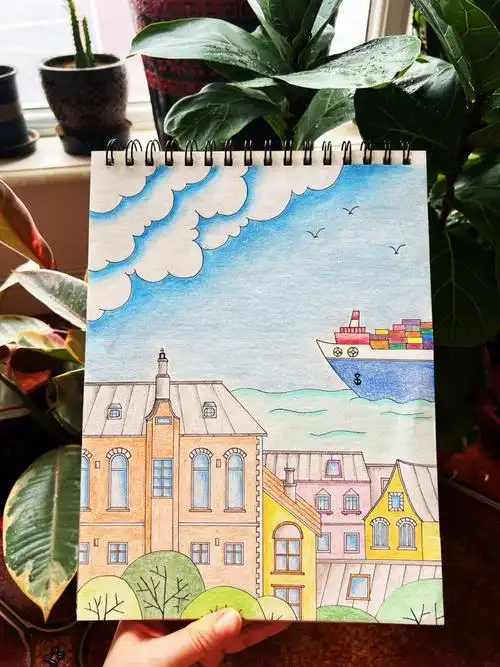 海边小镇彩铅画手绘临摹