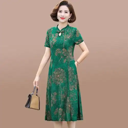 妈妈装夏装改良旗袍连衣裙短袖新款旗袍裙50到60岁中老年女装裙子