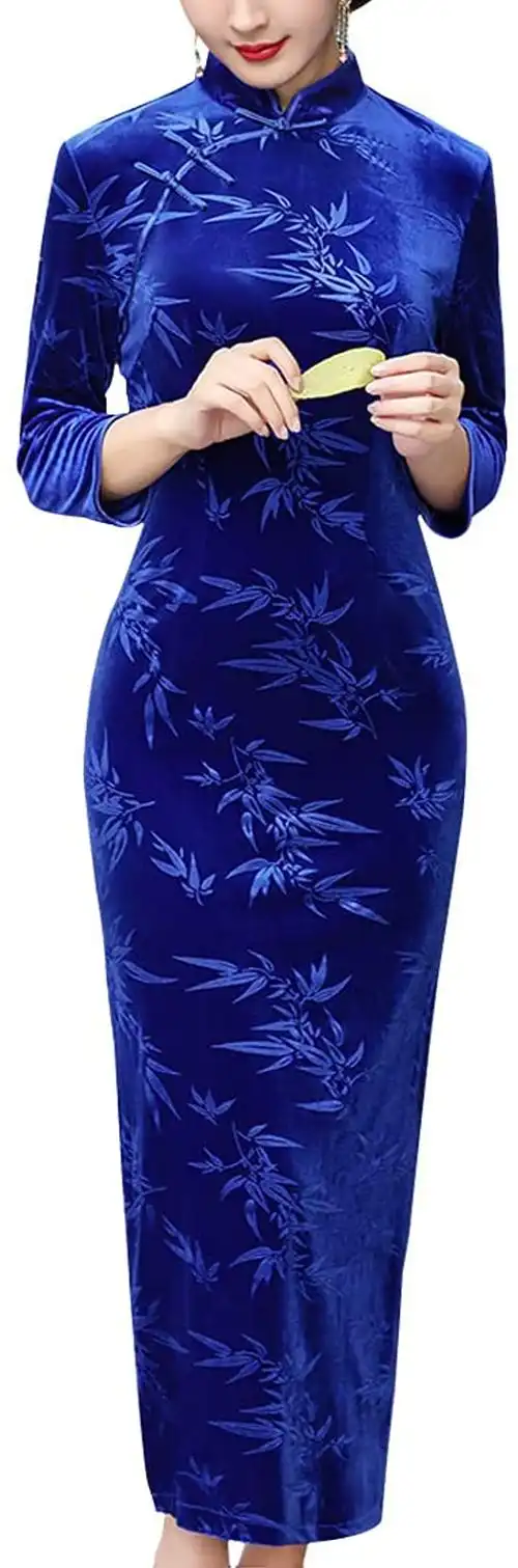 女式天鹅绒长旗袍连衣裙竹叶图案旗袍领长裙 传统中国旗袍 【stardy】