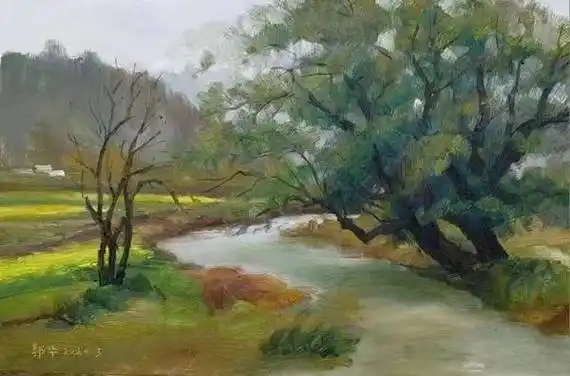 春归有期 花醉婺源——郭华风景油画写生作品_cm_油菜花_樟树