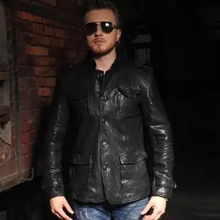 秋季新款男士真皮皮衣男装修身翻领中长款羊皮机车夹克猎装外套潮
