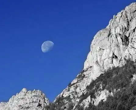 从办公室出学校大门口,抬头仰望天空,半轮明月高高悬挂在天空,月亮不