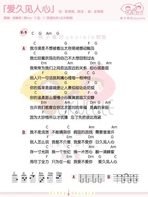 爱久见人心尤克里里谱弹唱版c调简单版桃子鱼仔编配梁静茹