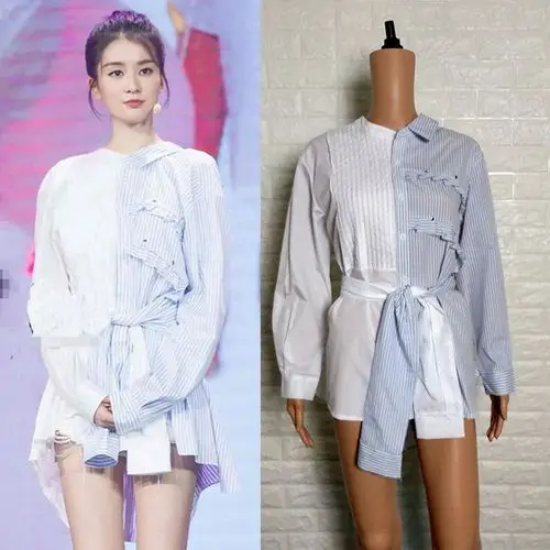 欢乐颂2关关雎尔乔欣明星同款夏拼接条纹衬衣中长款衬衫