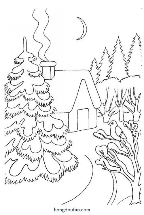 冬日雪景简笔画冬雪的夜景简笔画图片冬雪的夜景怎么画雪夜简笔画画法