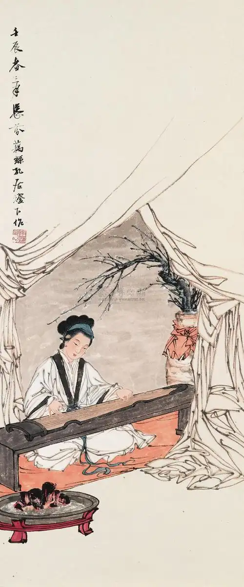 19491952年作弹琴仕女立轴设色纸本
