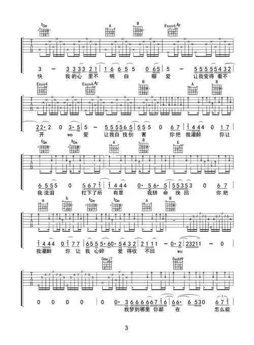 你把我灌醉吉他谱黄大炜弹唱谱完美版高清六线谱