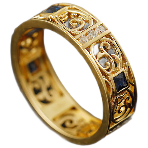 思达意恣意生长 中式国潮18k黄金铂金天然蓝宝石小钻石唐草纹创意戒指