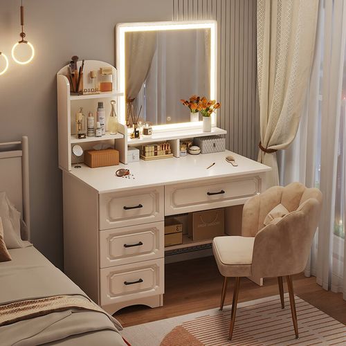 木匠印记梳妆台梳妆桌化妆桌奶油风迷你梳妆桌卧室梳妆台带灯镜收纳储