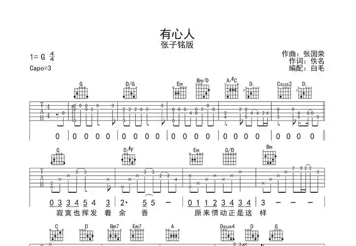 有心人吉他谱_张子铭_g调弹唱98%翻唱版 - 吉他世界