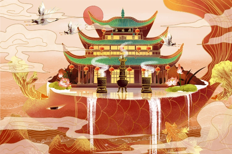 岳阳楼建筑新年贺图中国风横版插画