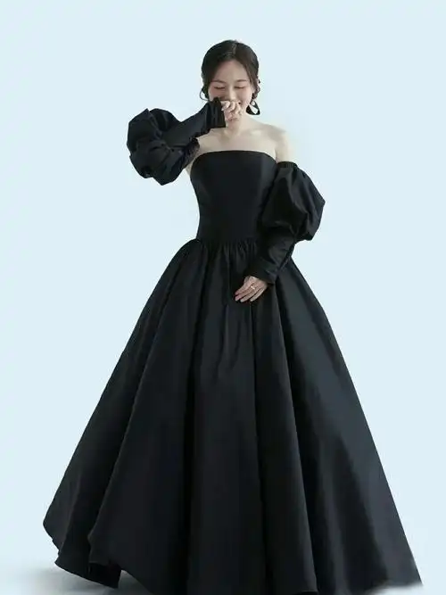 影楼新款黑色抹胸齐地婚纱主题服装新娘简约大气唯美小个子公主风