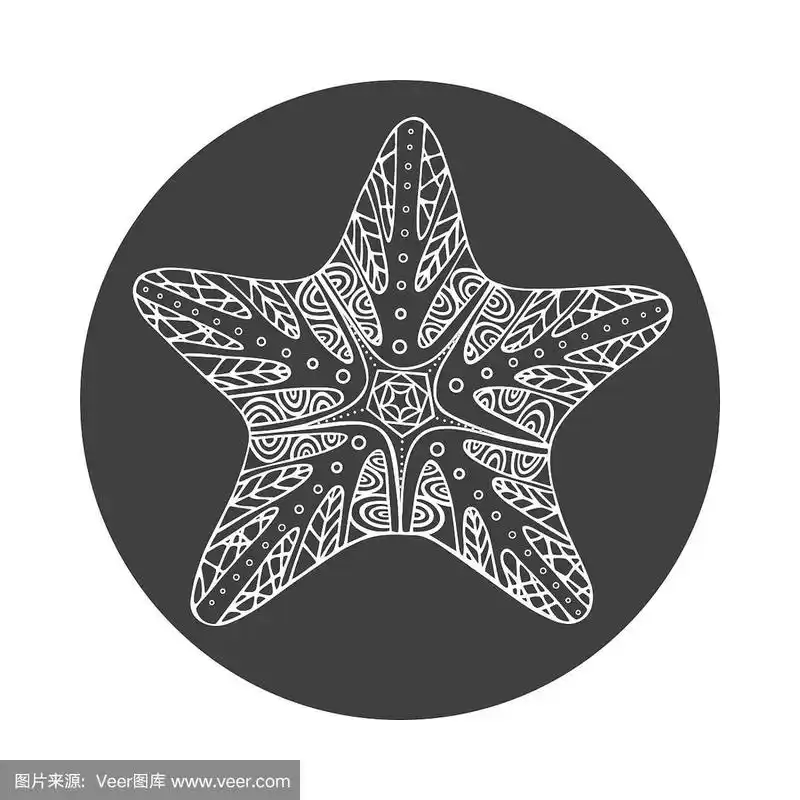 孤立手绘的白色海星轮廓在黑色的圆形背景.星星点缀的曲线线条.