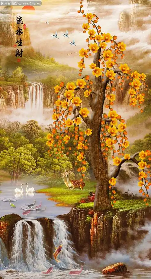 中式山水风景发财树玄关素材下载